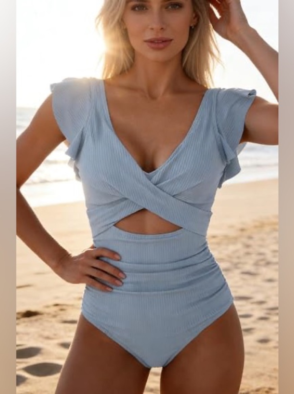 B2prity womens 451 One Piece Swimsuit - Gray Blue Ribbed XL